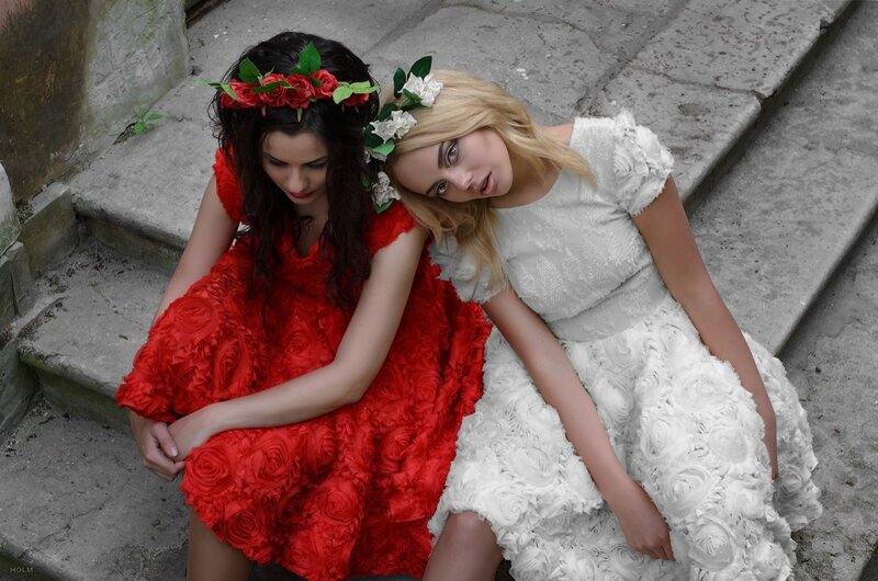 Two Women on Steps — Red
