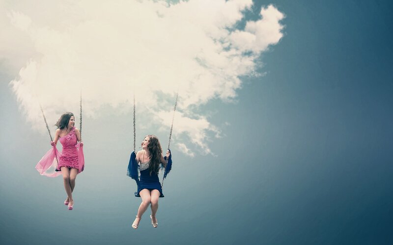 Two Women on Swings — Blue