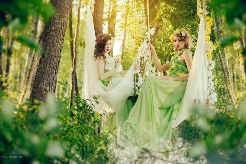 Two Women on Swings — Green, Serene