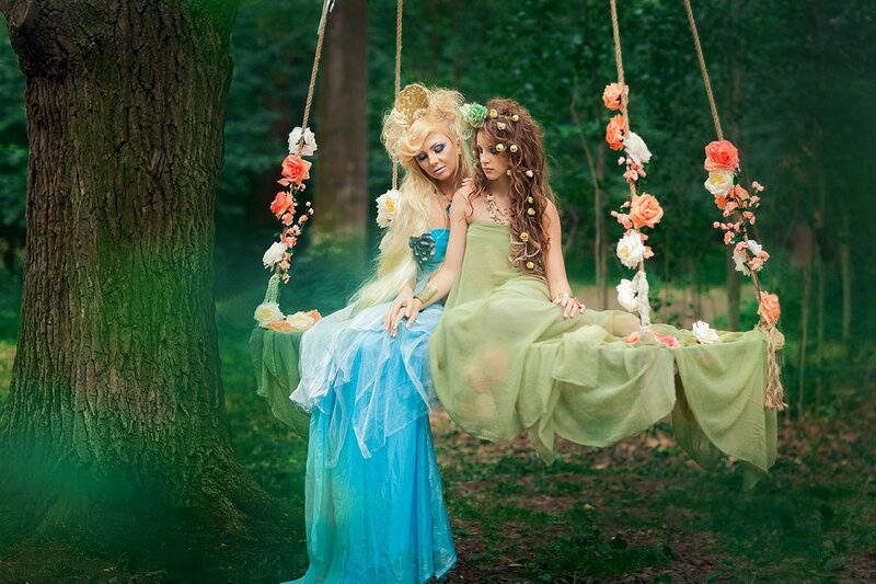 Two Women on Swings — Green