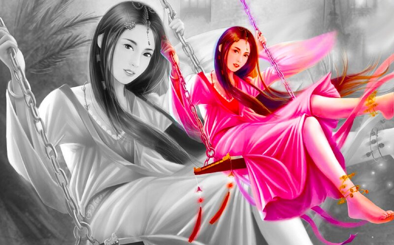 Two Women on Swings — Pink