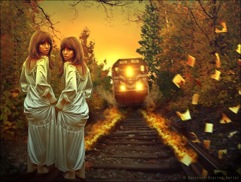 Two Women on Train Tracks — Orange