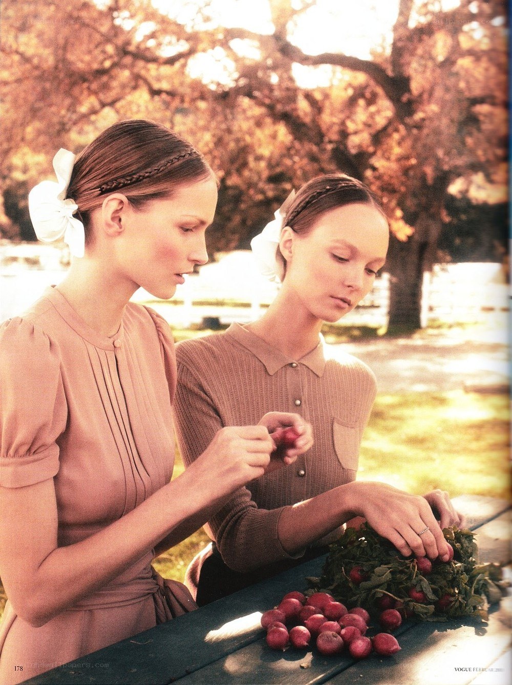 Two women picking radishes