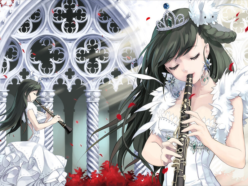 Two Women Playing Clarinets — White, Dramatic