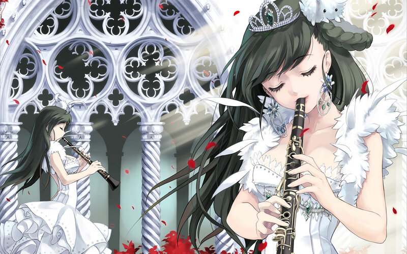 Two Women Playing Clarinets — White