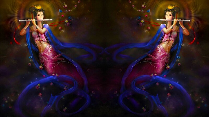 Two Women Playing Flutes — Blue