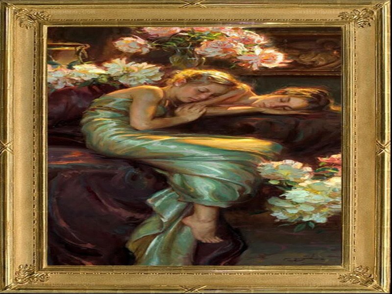 Two women sleeping among flowers