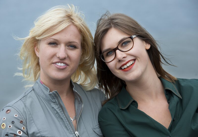 Two Women Smiling — Gray