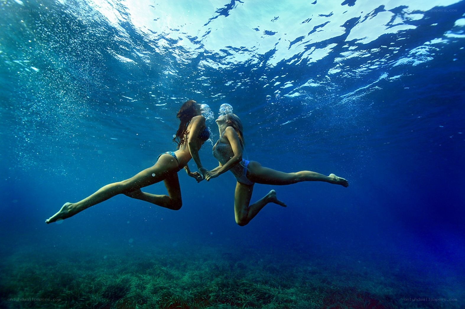Two women swimming underwater