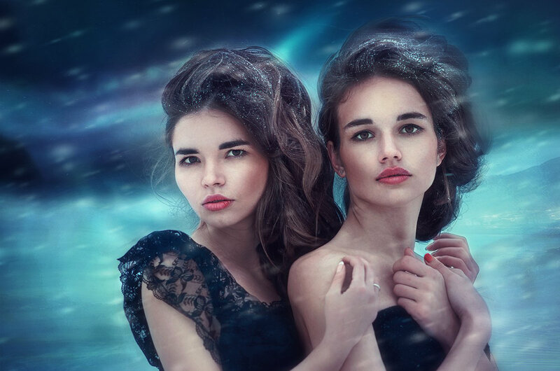 Two Women Underwater — Blue, Dramatic, Digital Art, Dress