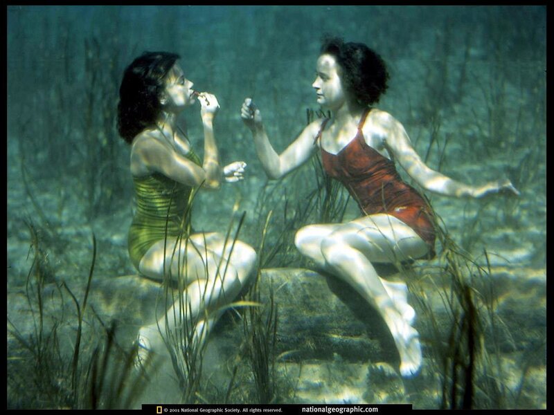 Two women underwater in swimsuits