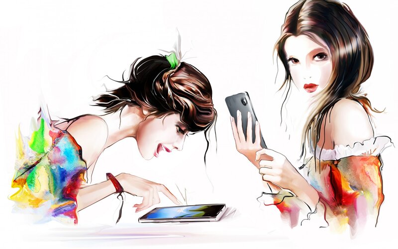Two Women Using Phones — White