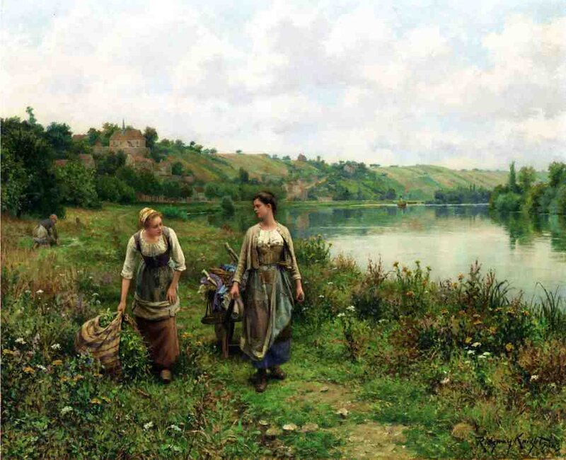 Two Women Walking by River