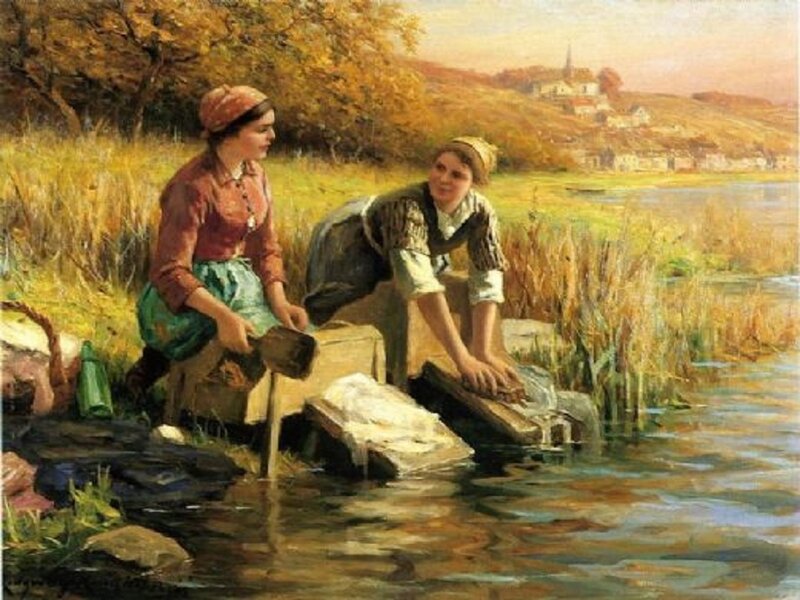 Two Women Washing Clothes — Green, Serene