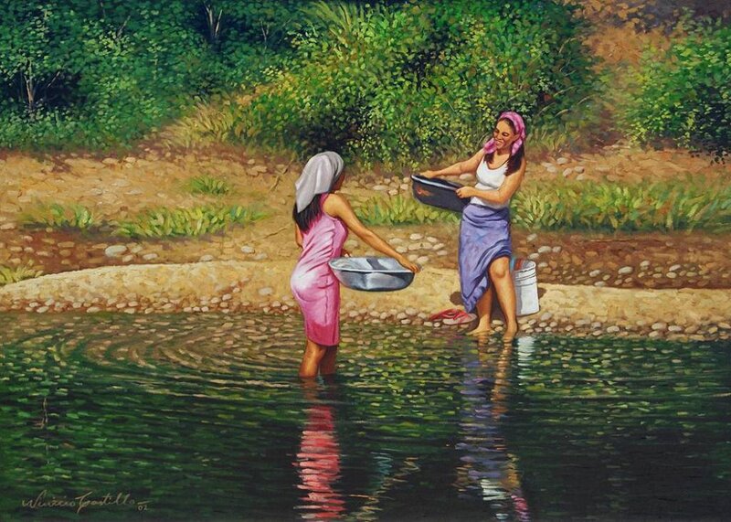 Two Women Washing Clothes — Green