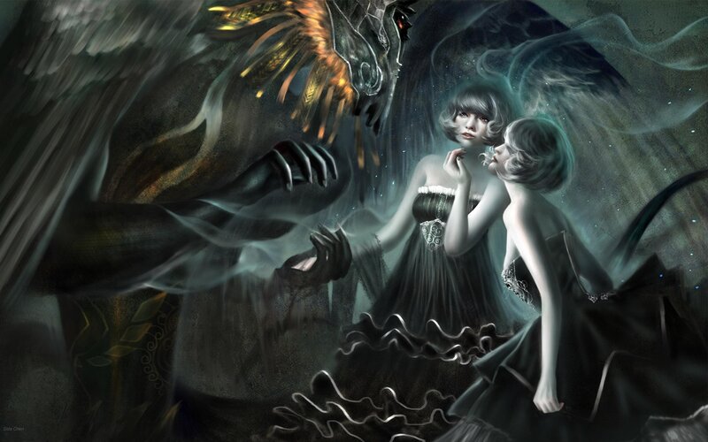 Two Women with a Creature — Black, Dramatic, Night