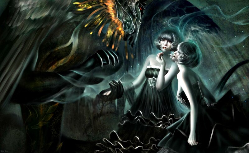 Two Women with a Creature — Black, Dramatic