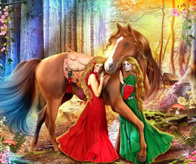 Two Women with a Horse — Red, Serene