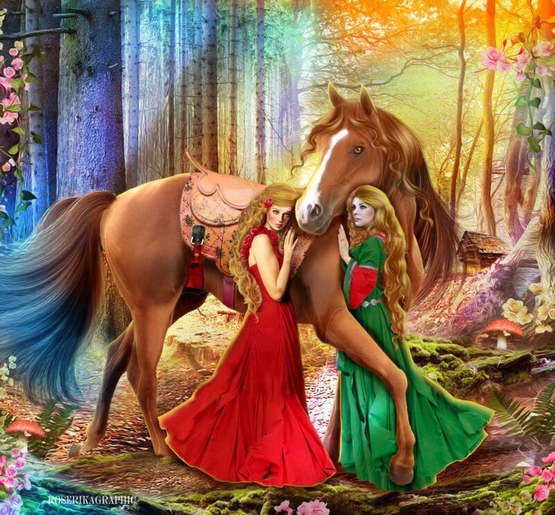 Two Women with a Horse — Red