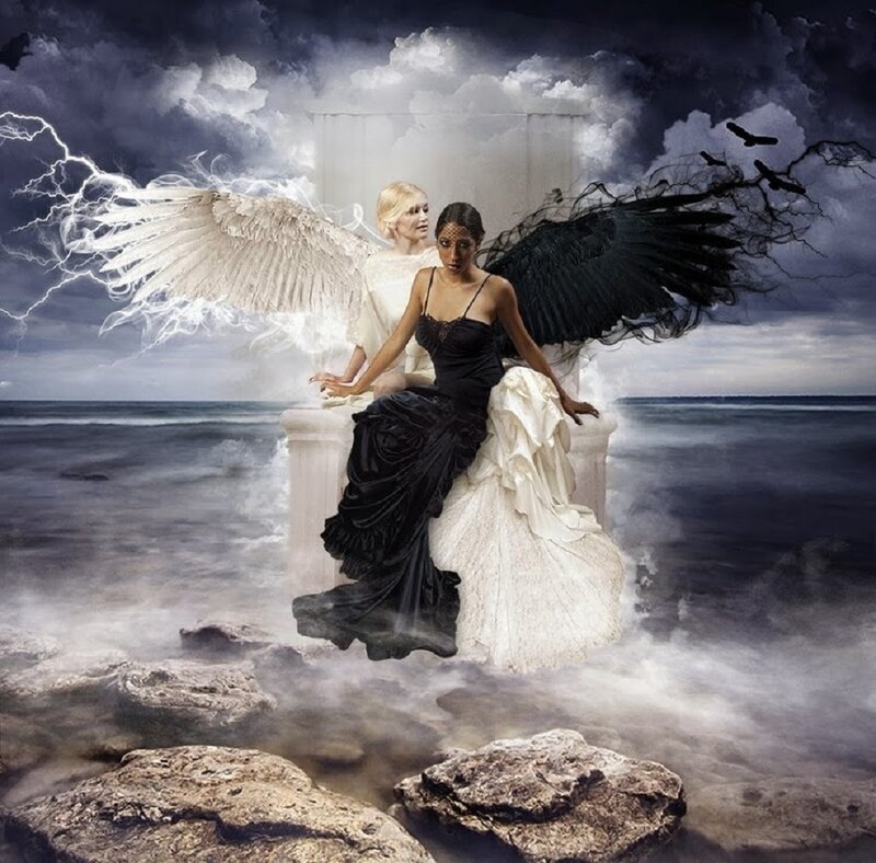 Two Women with Angel Wings — Black, Dramatic