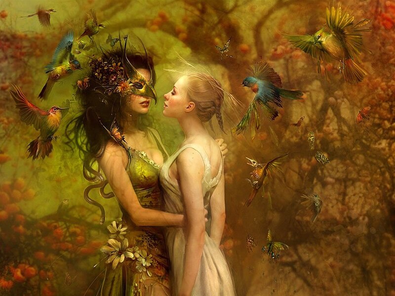 Two women with birds and mask