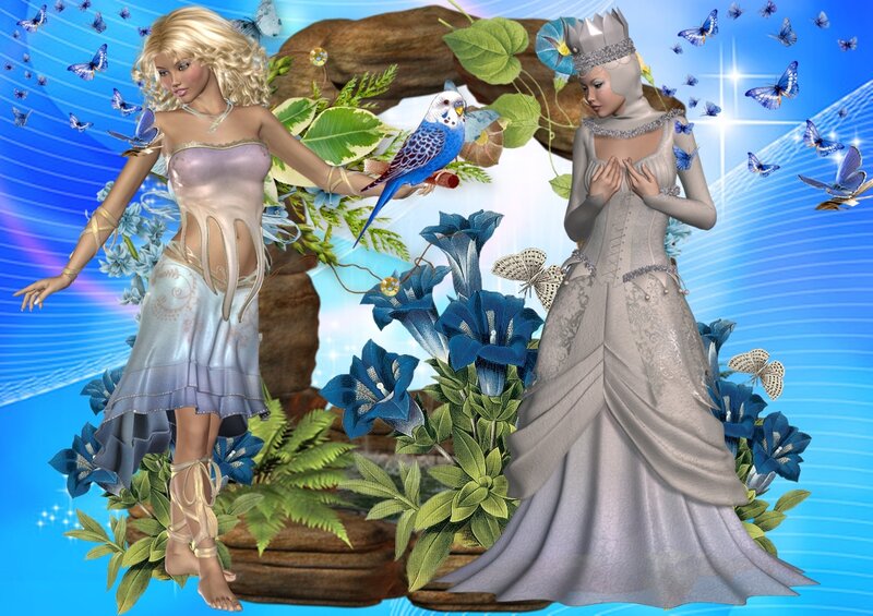 Two Women with Birds — Blue