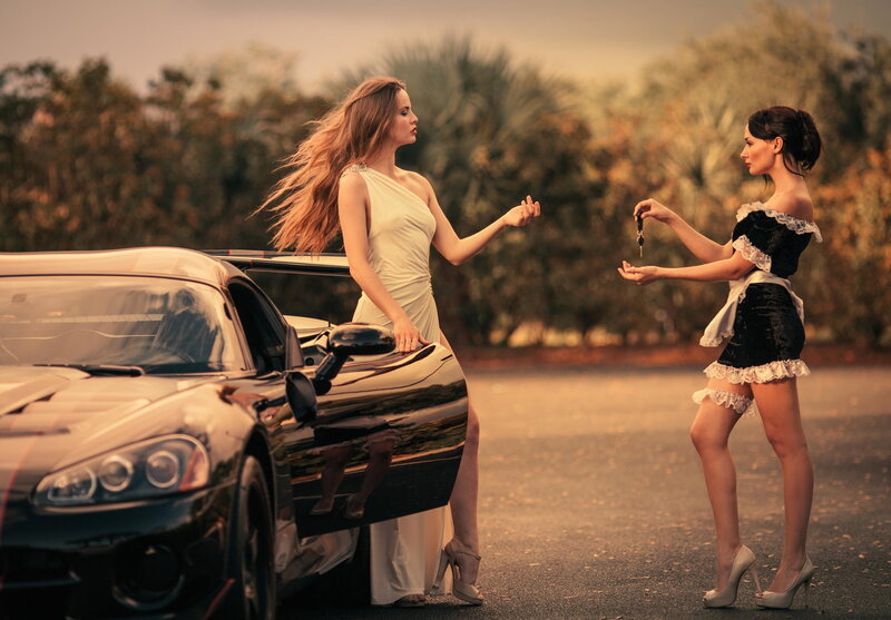Two Women with Car — Black, Dramatic