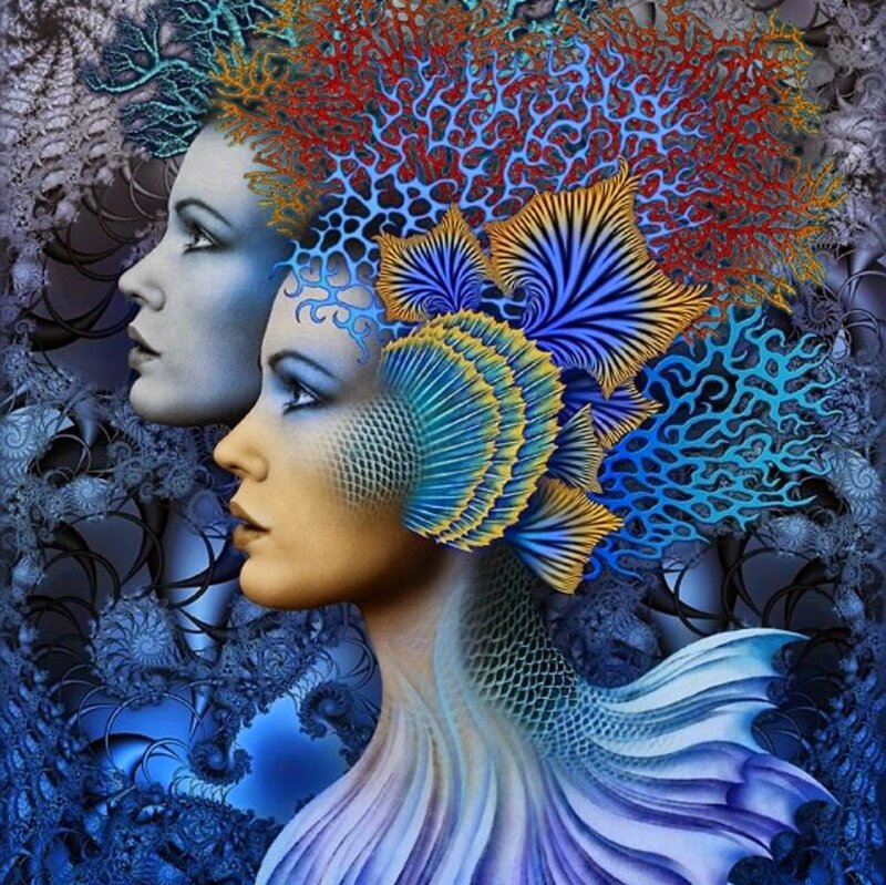 Two Women with Coral Hair