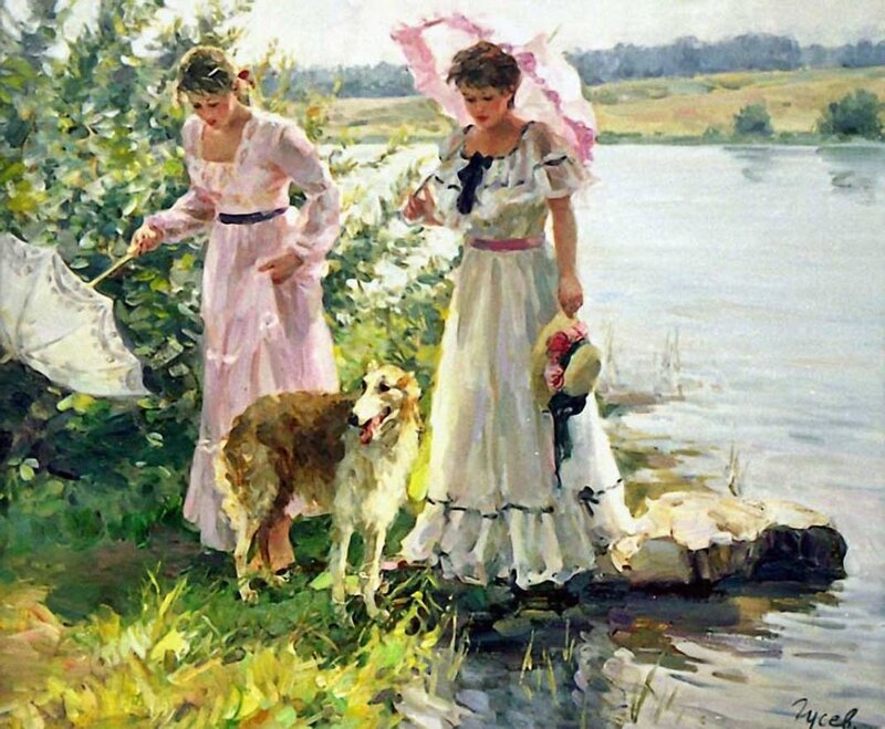 Two Women with Dog
