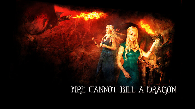 Two Women with Dragons — Red, Dramatic