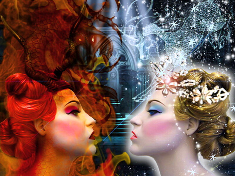 Two Women with Dragons — Red