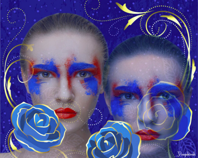 Two Women with Face Paint — Blue, Dramatic
