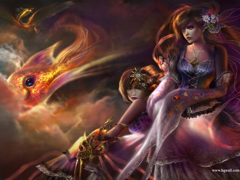 Two Women with Fish — Purple, Dramatic