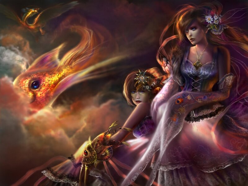 Two Women with Fish — Purple