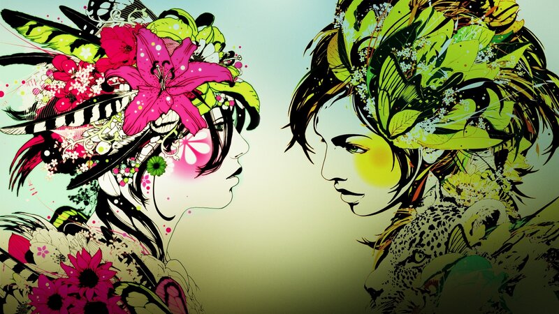 two women with floral crowns