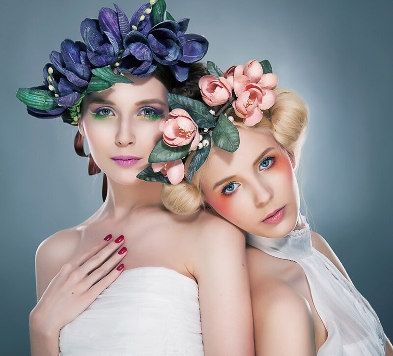 Two Women with Floral Crowns — Blue