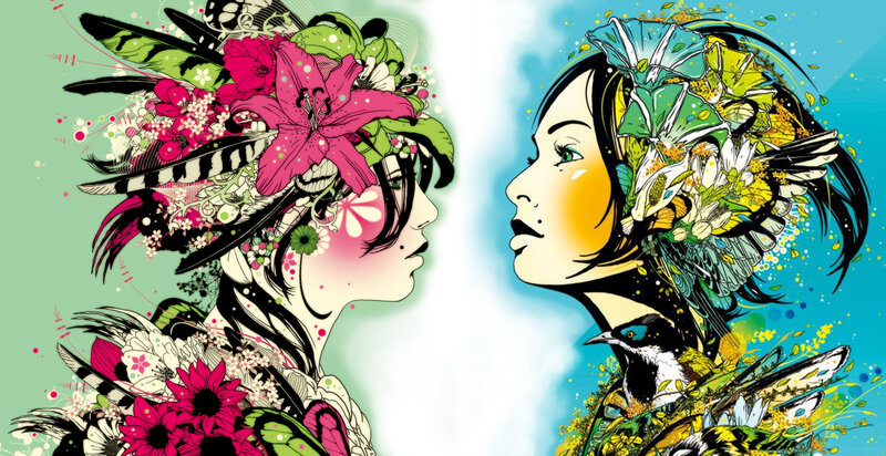 Two Women with Floral Crowns — Green
