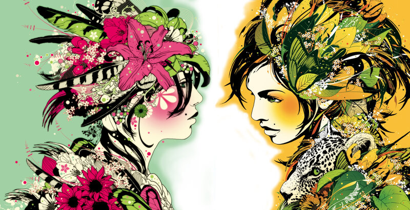 two women with floral crowns