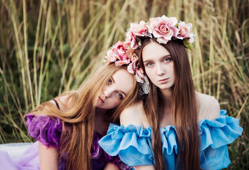 Two Women with Flower Crowns — Blue, Serene