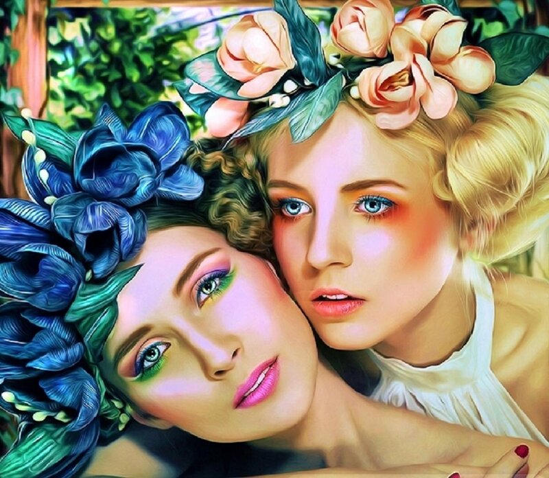 Two Women with Flower Crowns — Blue