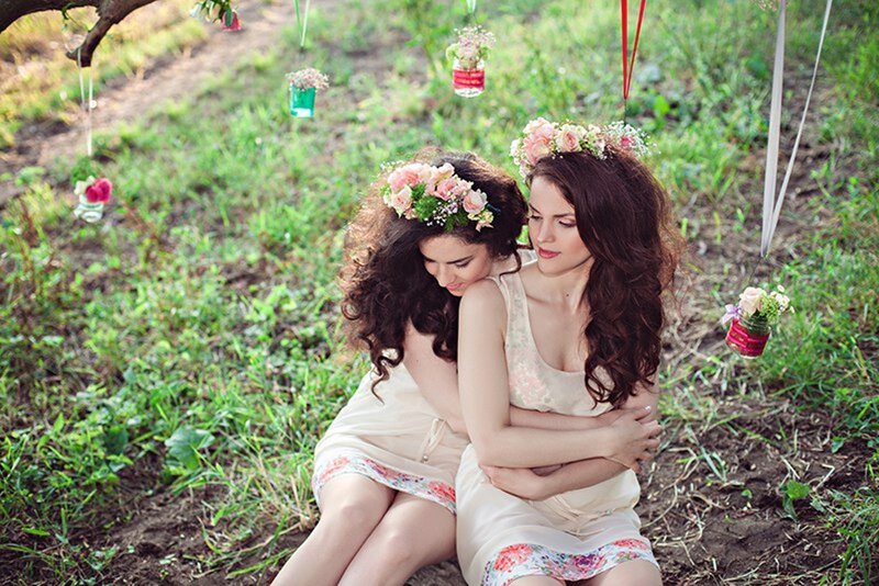 Two Women with Flower Crowns — Green, Serene