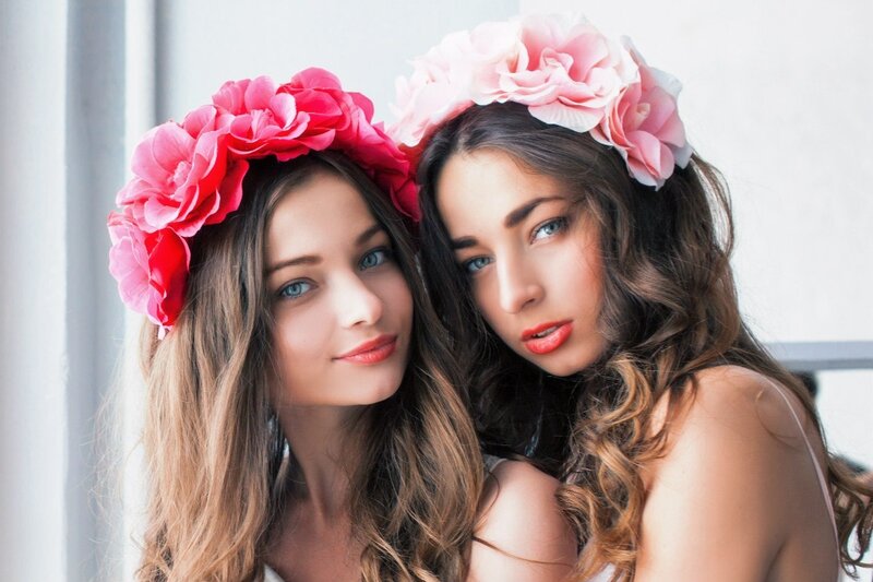 Two Women with Flower Crowns — Pink, Calm