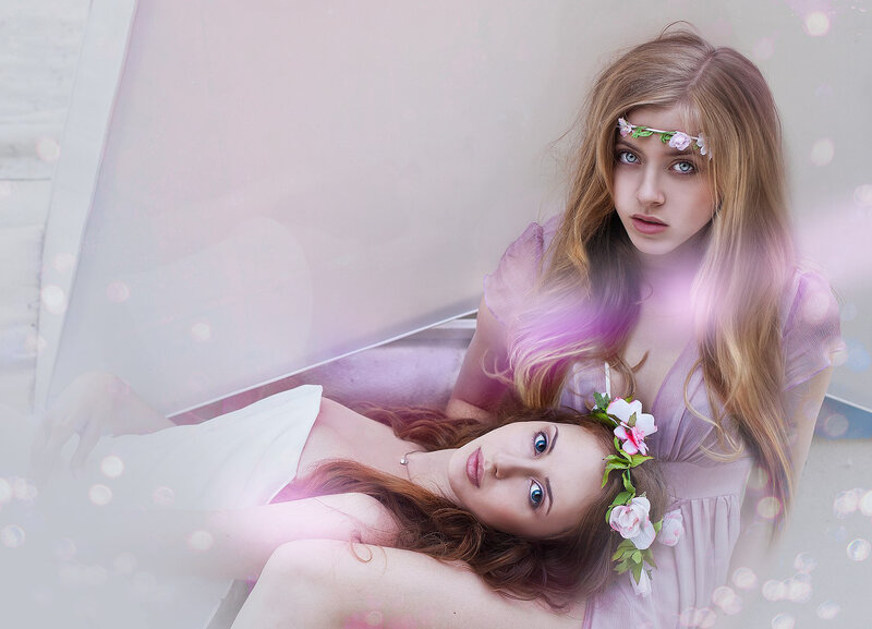 Two Women with Flower Crowns — Pink, Dreamy