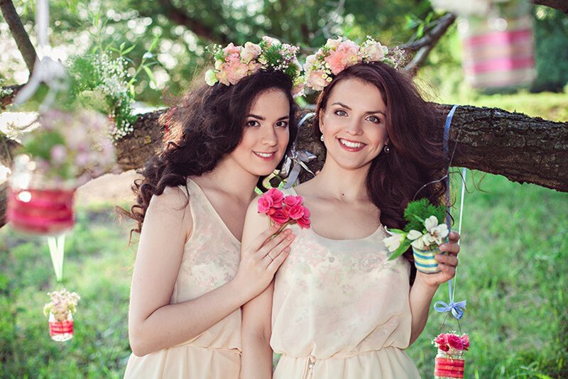 Two Women with Flower Crowns — Pink, Happy