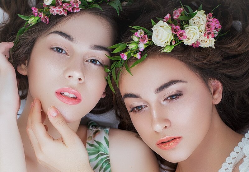 Two Women with Flower Crowns — Pink, Serene, Photograph