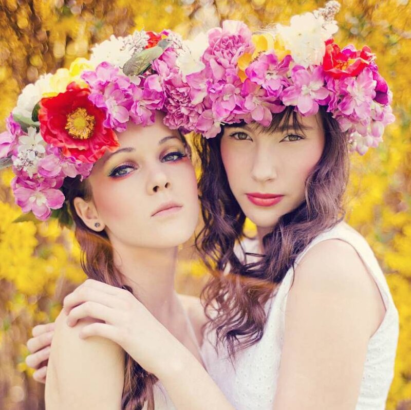 Two Women with Flower Crowns — Pink, Serene