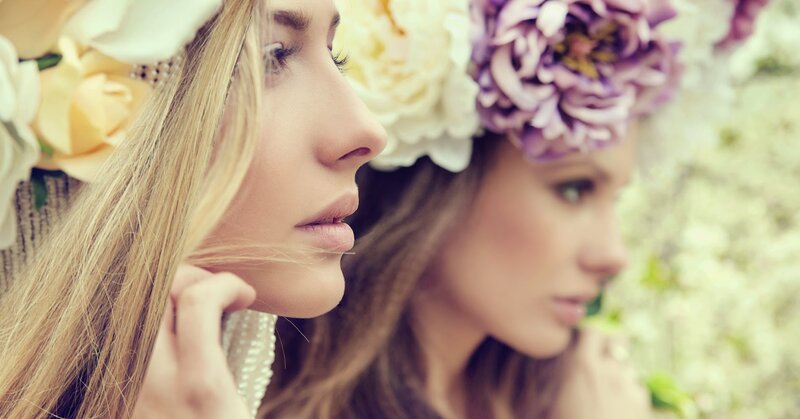Two Women with Flower Crowns — Purple, Serene, Spring
