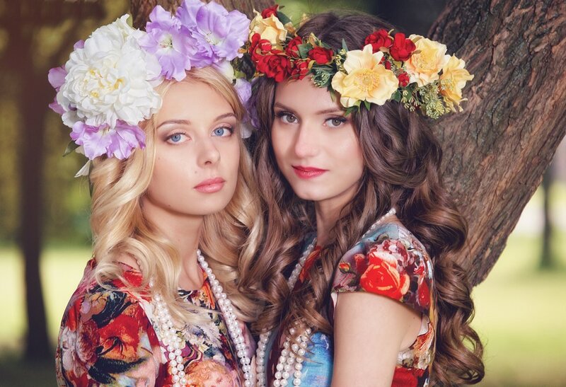 Two Women with Flower Crowns — Purple, Serene