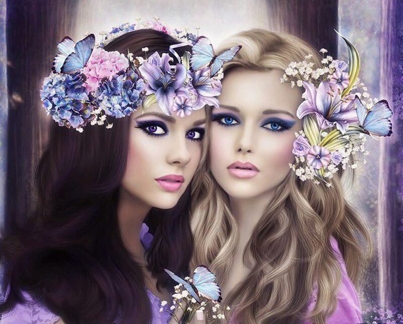Two Women with Flower Crowns — Purple