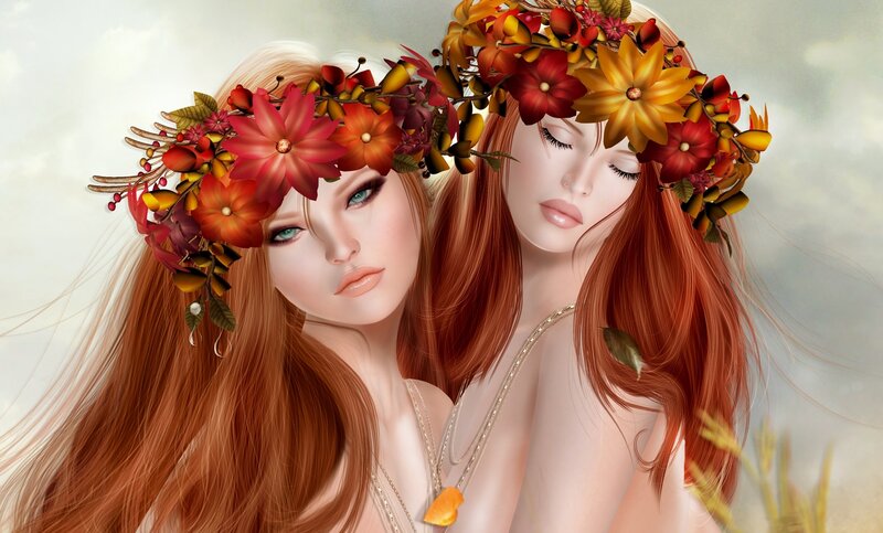 Two Women with Flower Crowns — Red